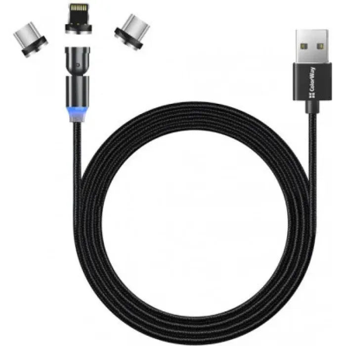 Дата кабель USB 2.0 AM to Lightning + Micro 5P + USB-C 1.0m Magnetic Ro ColorWay (CW-CBUU037-BK)