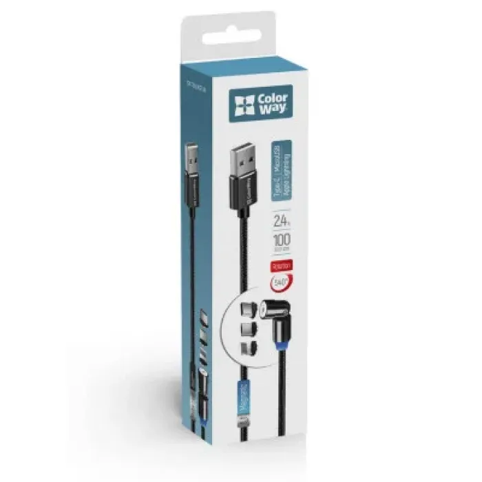 Дата кабель USB 2.0 AM to Lightning + Micro 5P + USB-C 1.0m Magnetic Ro ColorWay (CW-CBUU037-BK)