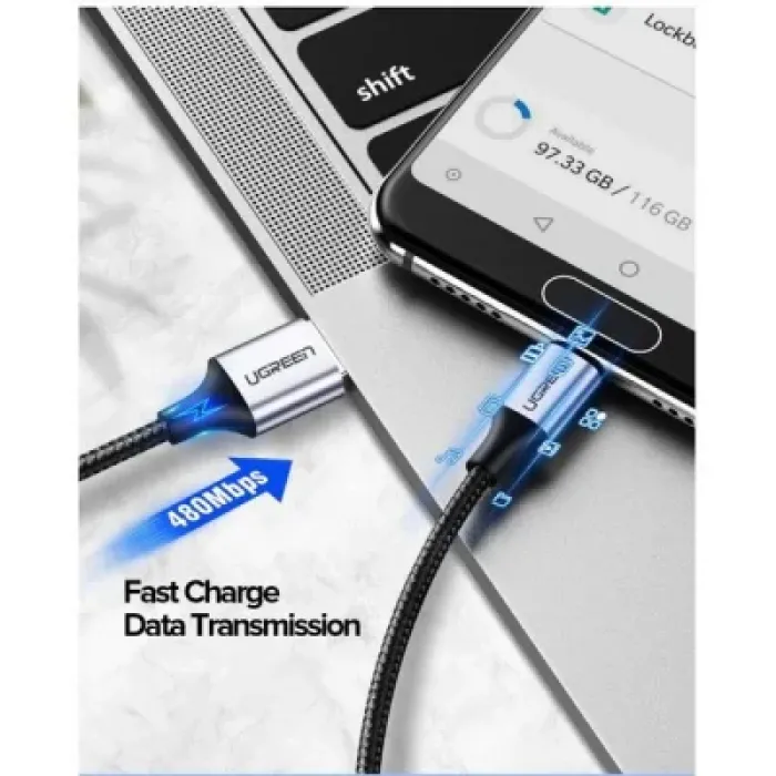 Дата кабель USB 2.0 AM to USB-C 1.5m US288 Aluminum Braid (Black) Ugreen (60127)