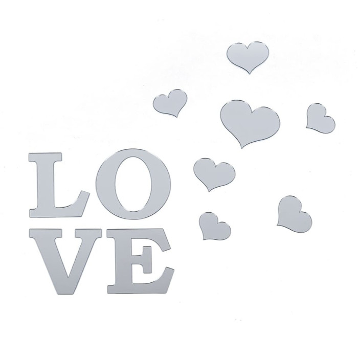 Дзеркальний декор акриловий самоклеючий Love срібло,11шт (D) SW-00002495